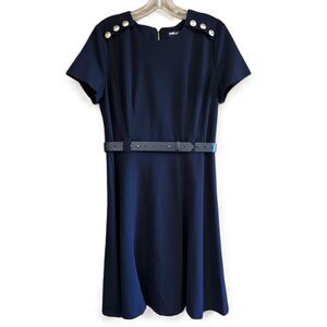 Karl Lagerfeld Paris Galaxy Blue Short Sleeves Button Belted A-line Dress